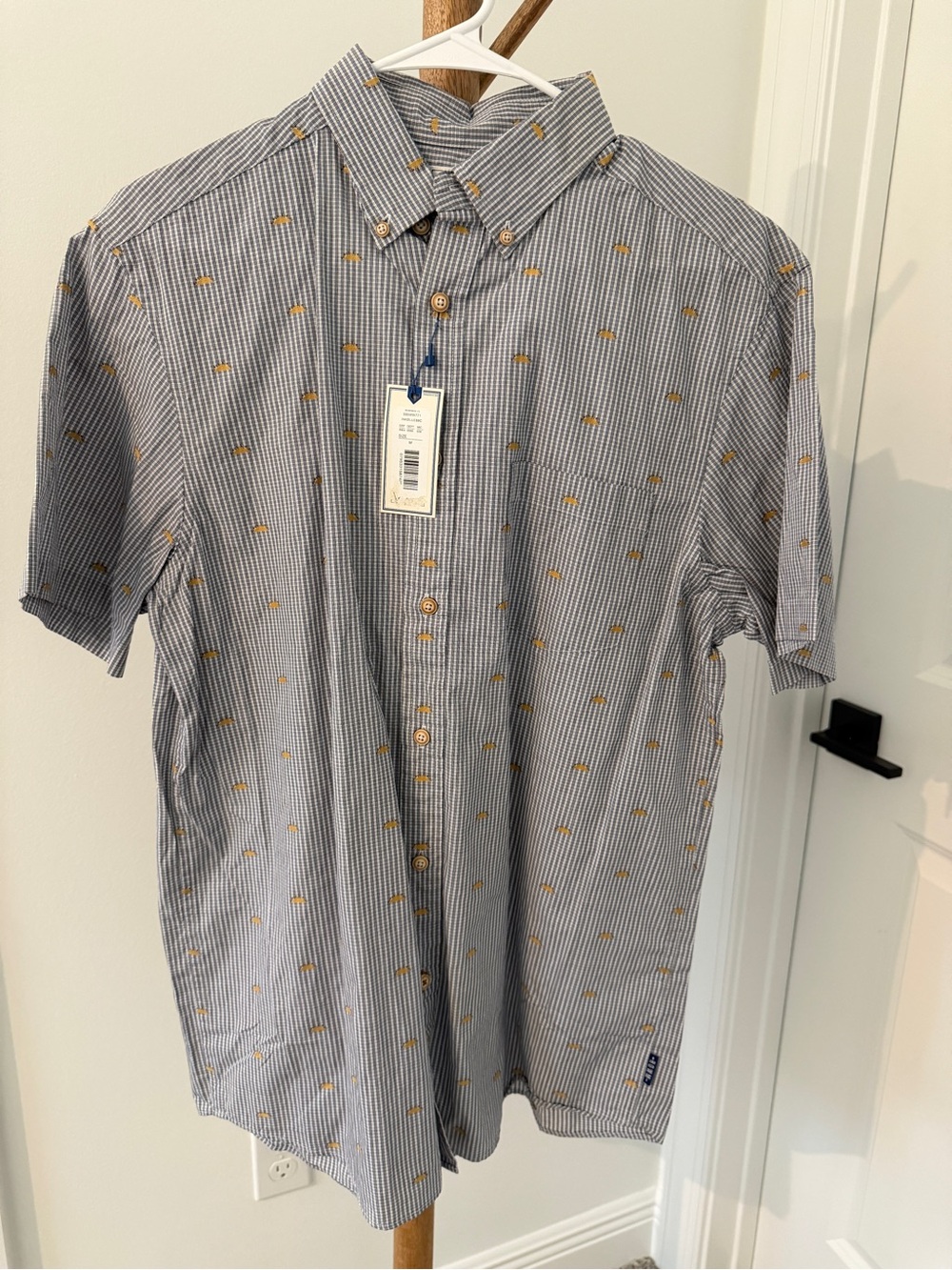 Men's Short Sleeve Button-Down Shirt - Blue Stripe with Taco Print